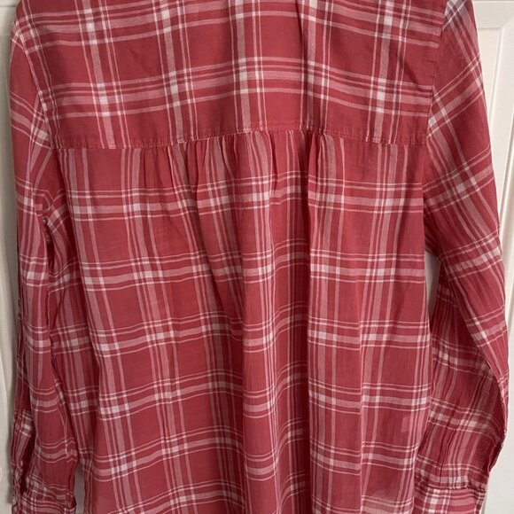 ANN Taylor Loft Woman's Large Petite Peach Plaid Lightweight Button Front Blouse - Picture 6 of 9